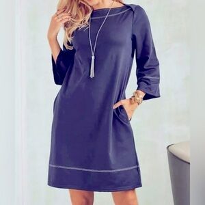 Suzanne Betro Navy Cotton boat neck dress size large